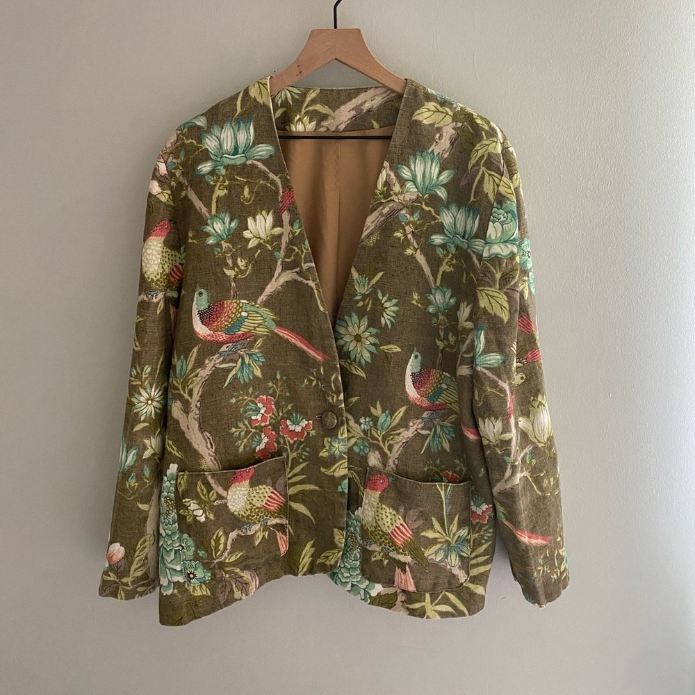 Hand made one of a kind bird and flower patterned jacket size large
